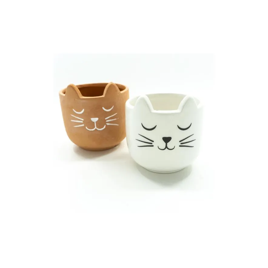 Mini plantenpotje Kat wit/terracotta
